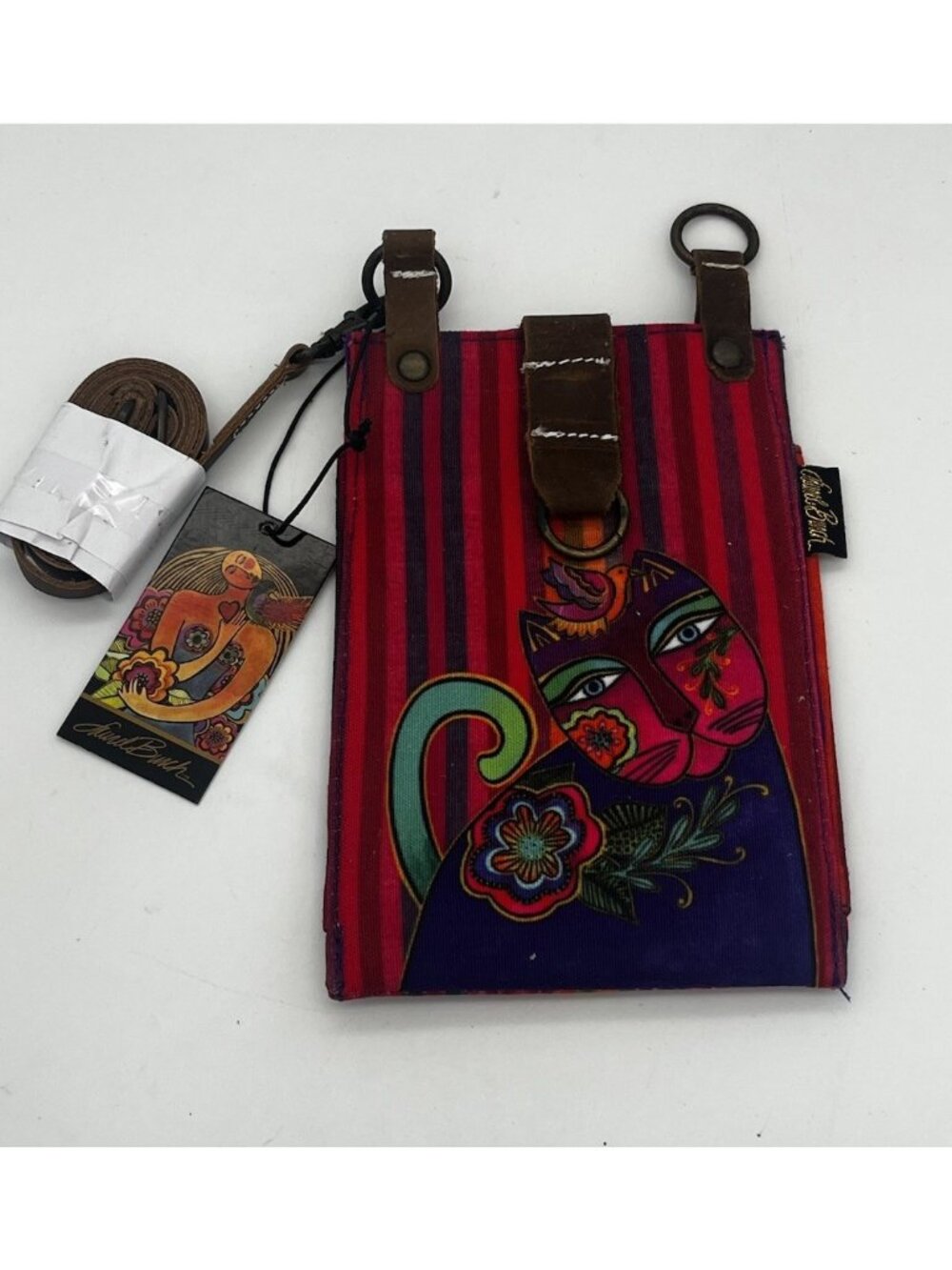 Laurel Burch Cat Stripe Crossbody Bag Phone Case Wallet Purple Orange NEW NWT